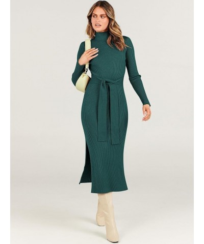 Women's Sweater Dress 2023 Elegant Fall Long Sleeve Mock Neck Tie Waist Slim Fit Slit Sexy Ribbed Knit Midi Dresses Green $10...