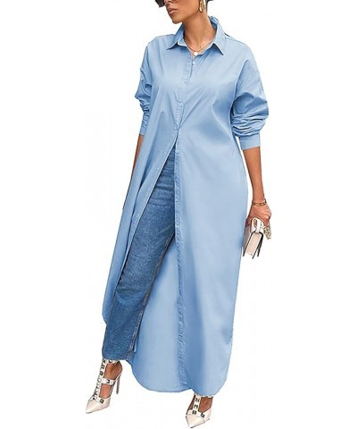 Women's Button Open Front Long Sleeve Shirt Dress Casual Solid Color Cover Ups Shirt Coats 0-blue $16.17 Swimsuits