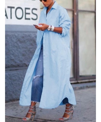 Women's Button Open Front Long Sleeve Shirt Dress Casual Solid Color Cover Ups Shirt Coats 0-blue $16.17 Swimsuits