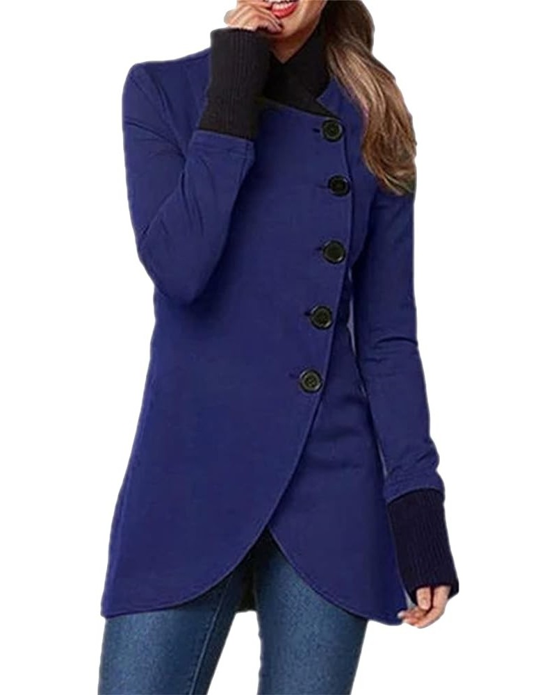 Women's Winter Solid Color Long Sleeve Pea Coats Single Breasted Casual Irregular Hem Slim Trench Coats Dark Blue $10.25 Coats