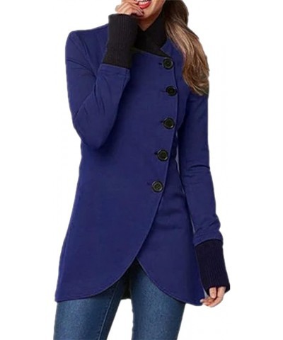 Women's Winter Solid Color Long Sleeve Pea Coats Single Breasted Casual Irregular Hem Slim Trench Coats Dark Blue $10.25 Coats