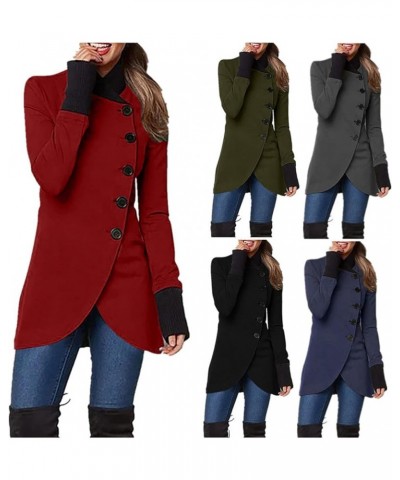 Women's Winter Solid Color Long Sleeve Pea Coats Single Breasted Casual Irregular Hem Slim Trench Coats Dark Blue $10.25 Coats