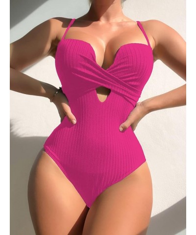 Women's Cut Out Twist One Piece Swimsuit Push up Bathing Suits Beachwear Solid Hot Pink $16.63 T-Shirts