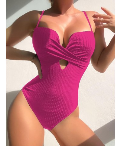 Women's Cut Out Twist One Piece Swimsuit Push up Bathing Suits Beachwear Solid Hot Pink $16.63 T-Shirts