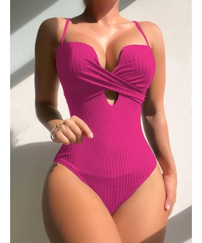 Women's Cut Out Twist One Piece Swimsuit Push up Bathing Suits Beachwear Solid Hot Pink $16.63 T-Shirts