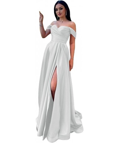 Off Shoulder Satin Prom Dresses Sweetheart Neck Formal Dress A-Line Evening Gown with Slit RYA401 White $22.68 Dresses