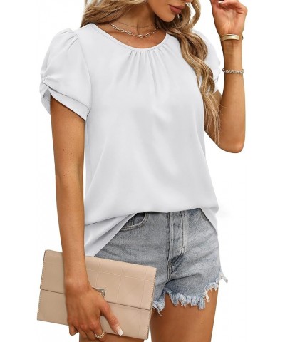 Chiffon Blouses for Women Short Sleeve Summer Tops Pleated Crewneck Shirts Twist Puff Sleeve 00-white $12.97 Blouses