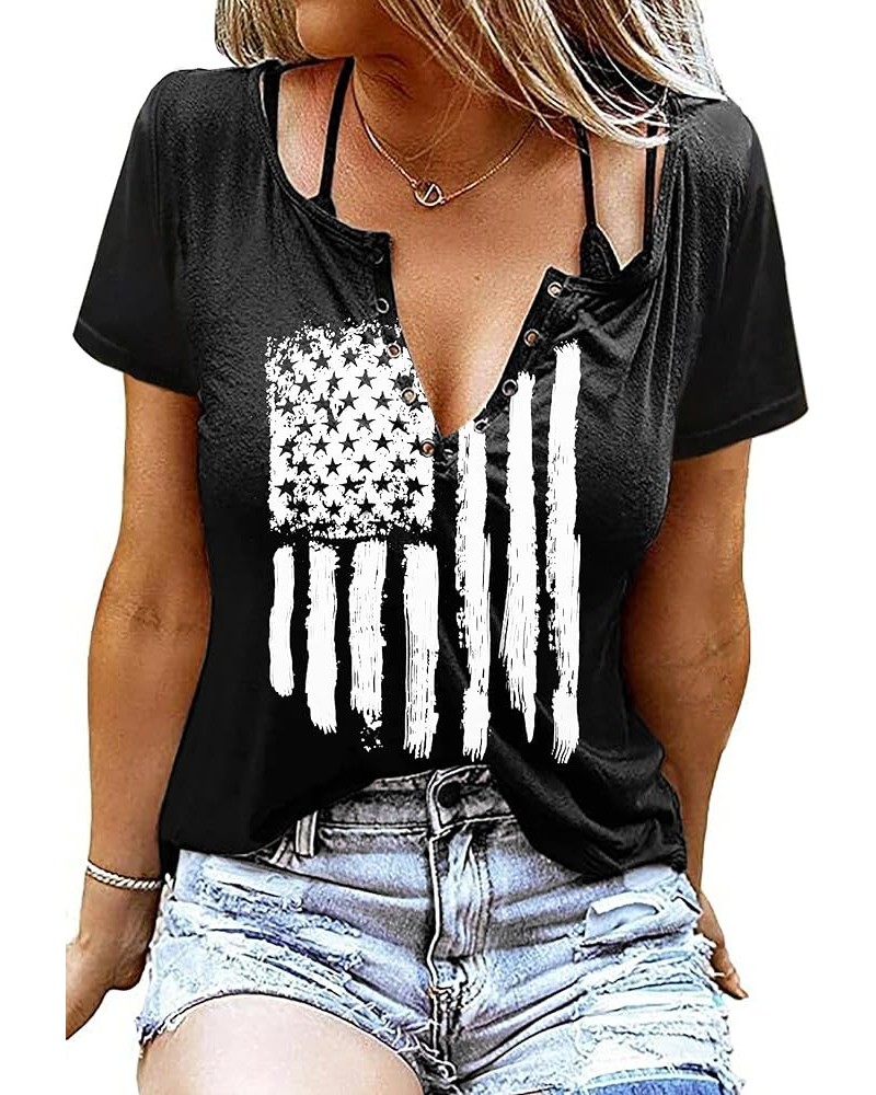 American Flag Shirt Tops Womens 4th of July T-Shirts Ring Hole Short Sleeve Sexy V-Neck Patriotic Tees Black2 $9.84 T-Shirts