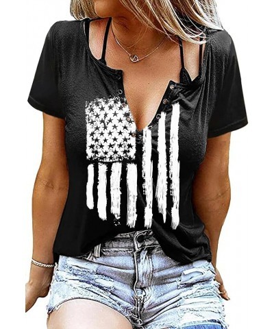 American Flag Shirt Tops Womens 4th of July T-Shirts Ring Hole Short Sleeve Sexy V-Neck Patriotic Tees Black2 $9.84 T-Shirts