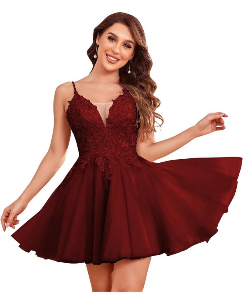 Sheer V Neck Homecoming Dresses Short for Teens Lace Appliques A-Line Sparkly Tulle Formal Cocktail Gown Burgundy $48.12 Dresses