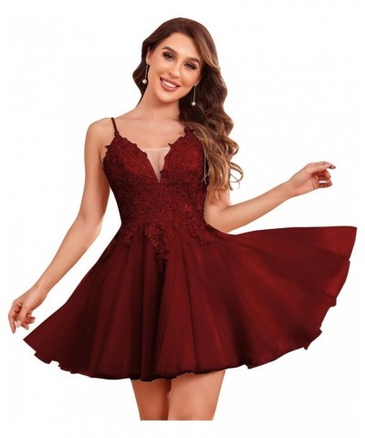 Sheer V Neck Homecoming Dresses Short for Teens Lace Appliques A-Line Sparkly Tulle Formal Cocktail Gown Burgundy $48.12 Dresses