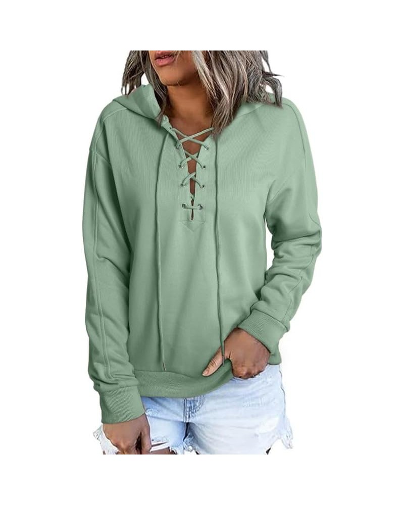 Womens 2023 Fashion Lace Up V Neck Drawstring Hoodies Sweatshirt Pullover Tops Mint Green $21.04 Hoodies & Sweatshirts