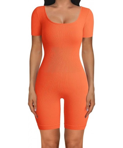 Women's Sexy Bodycon Jumpsuits Short Sleeve Square Neck Ribbed Knit One Piece Outfit Summer Rompers Shorts Orange $15.67 Rompers