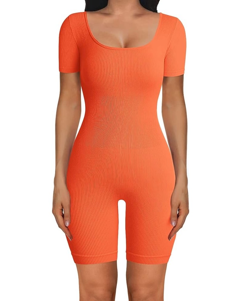 Women's Sexy Bodycon Jumpsuits Short Sleeve Square Neck Ribbed Knit One Piece Outfit Summer Rompers Shorts Orange $15.67 Rompers