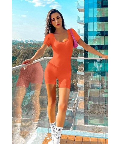 Women's Sexy Bodycon Jumpsuits Short Sleeve Square Neck Ribbed Knit One Piece Outfit Summer Rompers Shorts Orange $15.67 Rompers