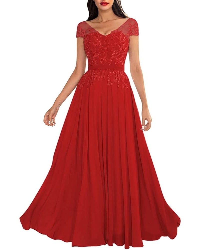 Beaded Mother of The Bride Dresses for Wedding with Sleeves Chiffon Lace Appliques Formal Evening Party Gowns Red $33.75 Dresses