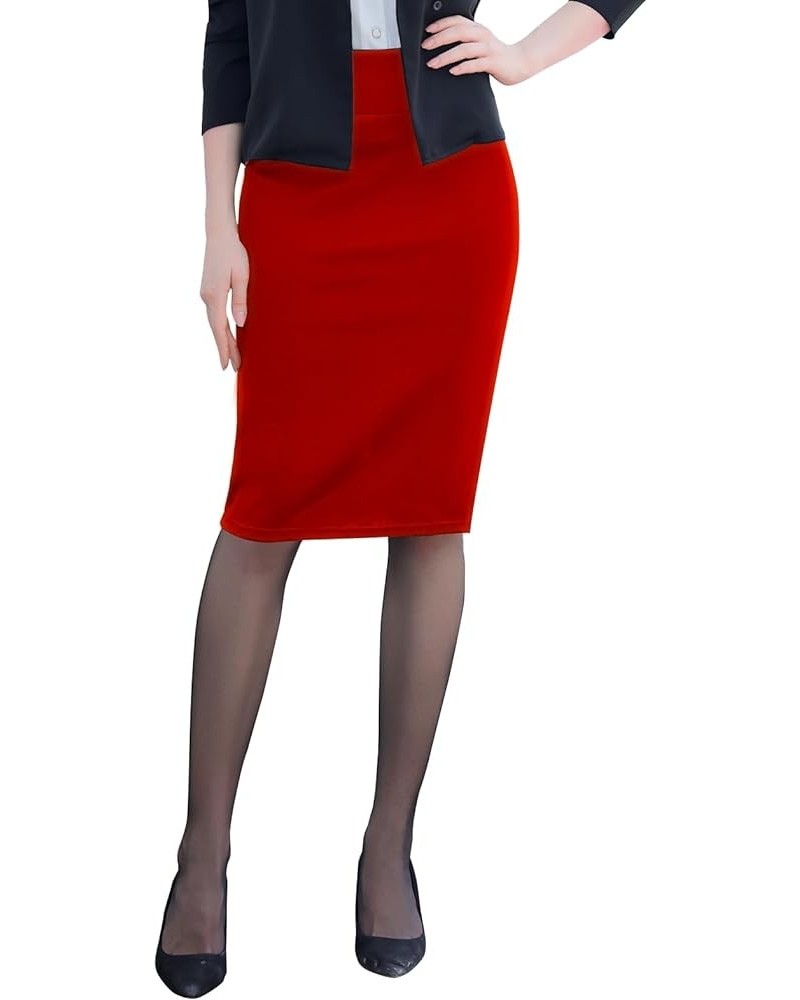 Women's Elastic Waist Stretch Bodycon Midi Pencil Skirt - Premium Nylon Ponte Office Straight Skirt Red $12.98 Skirts