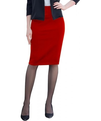 Women's Elastic Waist Stretch Bodycon Midi Pencil Skirt - Premium Nylon Ponte Office Straight Skirt Red $12.98 Skirts