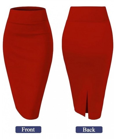 Women's Elastic Waist Stretch Bodycon Midi Pencil Skirt - Premium Nylon Ponte Office Straight Skirt Red $12.98 Skirts