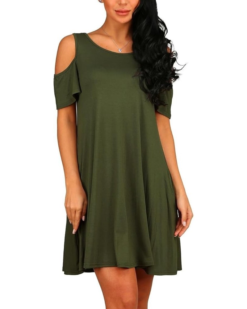 Women's Short Sleeve Cold Shoulder Tunic Top Swing T-Shirt Loose Dress with Pockets Army Green $11.19 Dresses