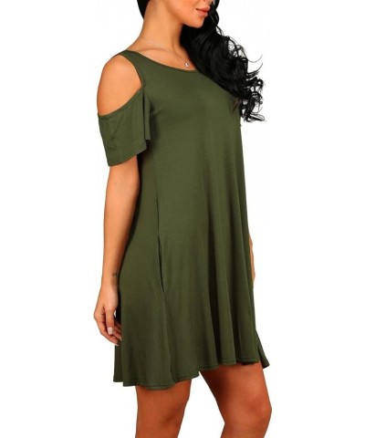 Women's Short Sleeve Cold Shoulder Tunic Top Swing T-Shirt Loose Dress with Pockets Army Green $11.19 Dresses