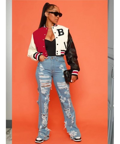 Women Varsity Jacket Button Down Cropped Faux Leather Jacket Letter Embroidery Jacket Short Baseball Outwear C02 Red $24.99 J...