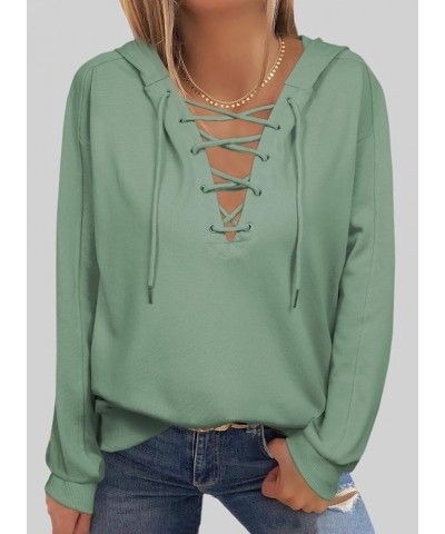 Womens 2023 Fashion Lace Up V Neck Drawstring Hoodies Sweatshirt Pullover Tops Mint Green $21.04 Hoodies & Sweatshirts