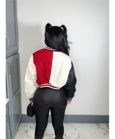 Women Varsity Jacket Button Down Cropped Faux Leather Jacket Letter Embroidery Jacket Short Baseball Outwear C02 Red $24.99 J...