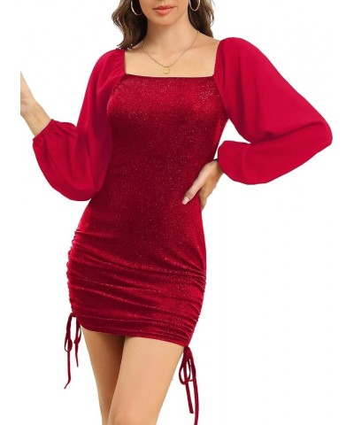 Women Long Sleeve Bodycon Dresses Ruched Party Club Cocktail Dress Wine Red $22.08 Dresses