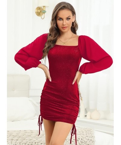 Women Long Sleeve Bodycon Dresses Ruched Party Club Cocktail Dress Wine Red $22.08 Dresses