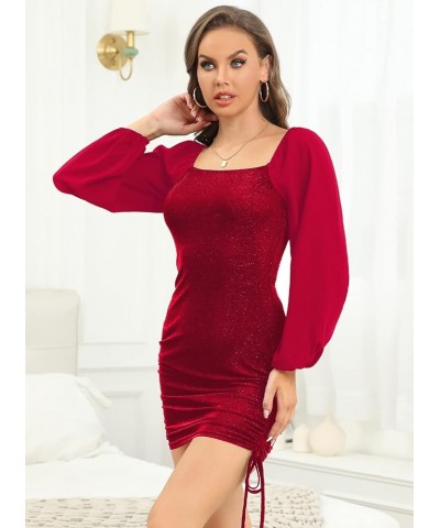 Women Long Sleeve Bodycon Dresses Ruched Party Club Cocktail Dress Wine Red $22.08 Dresses