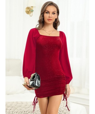 Women Long Sleeve Bodycon Dresses Ruched Party Club Cocktail Dress Wine Red $22.08 Dresses