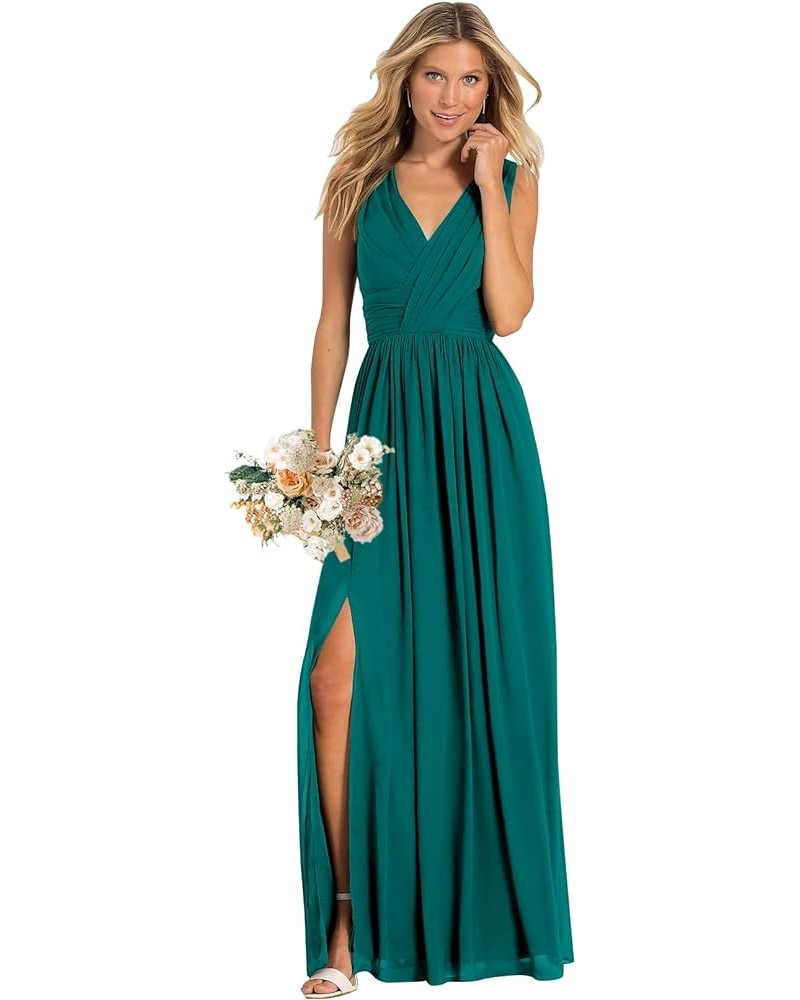 Women's V Neck Bridesmaid Dresses for Wedding Split A Line Long Formal Dresses with Pockets Teal Green $37.09 Dresses