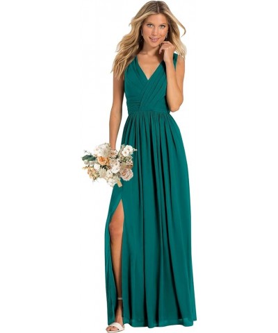 Women's V Neck Bridesmaid Dresses for Wedding Split A Line Long Formal Dresses with Pockets Teal Green $37.09 Dresses