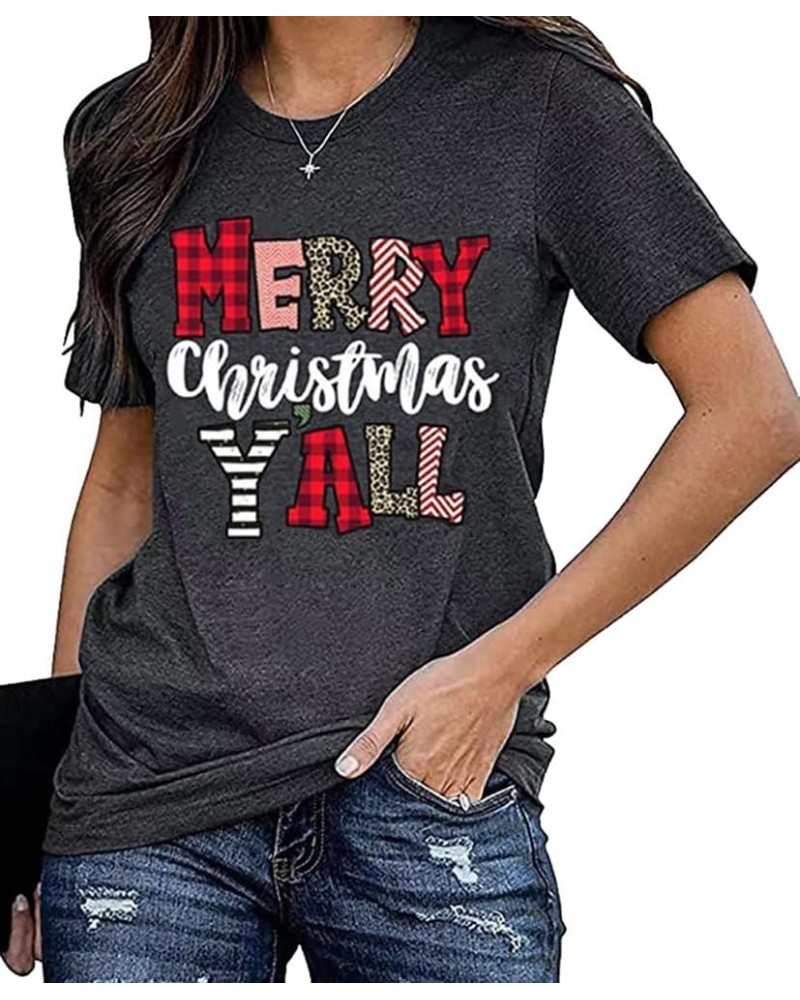 Womens Merry Christmas Leopard Printed T-Shirt Funny Buffalo Plaid Short Sleeve Xmas Casual Holiday Graphic Tee Tops Dark Gra...