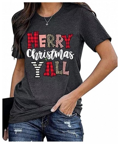 Womens Merry Christmas Leopard Printed T-Shirt Funny Buffalo Plaid Short Sleeve Xmas Casual Holiday Graphic Tee Tops Dark Gra...