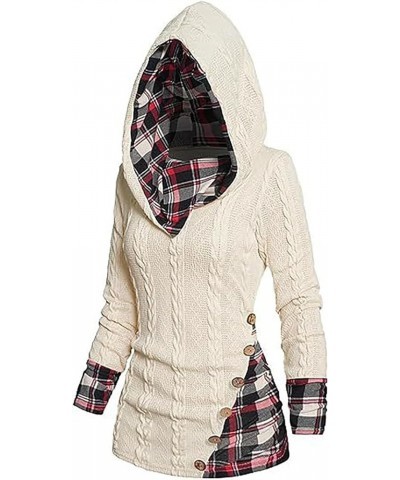 Plaid Splicing Button Decor Cable Hoodie,Womens Casual Long Sleeve Pullover Fall Winter Sweatshirt White Small $20.64 Hoodies...