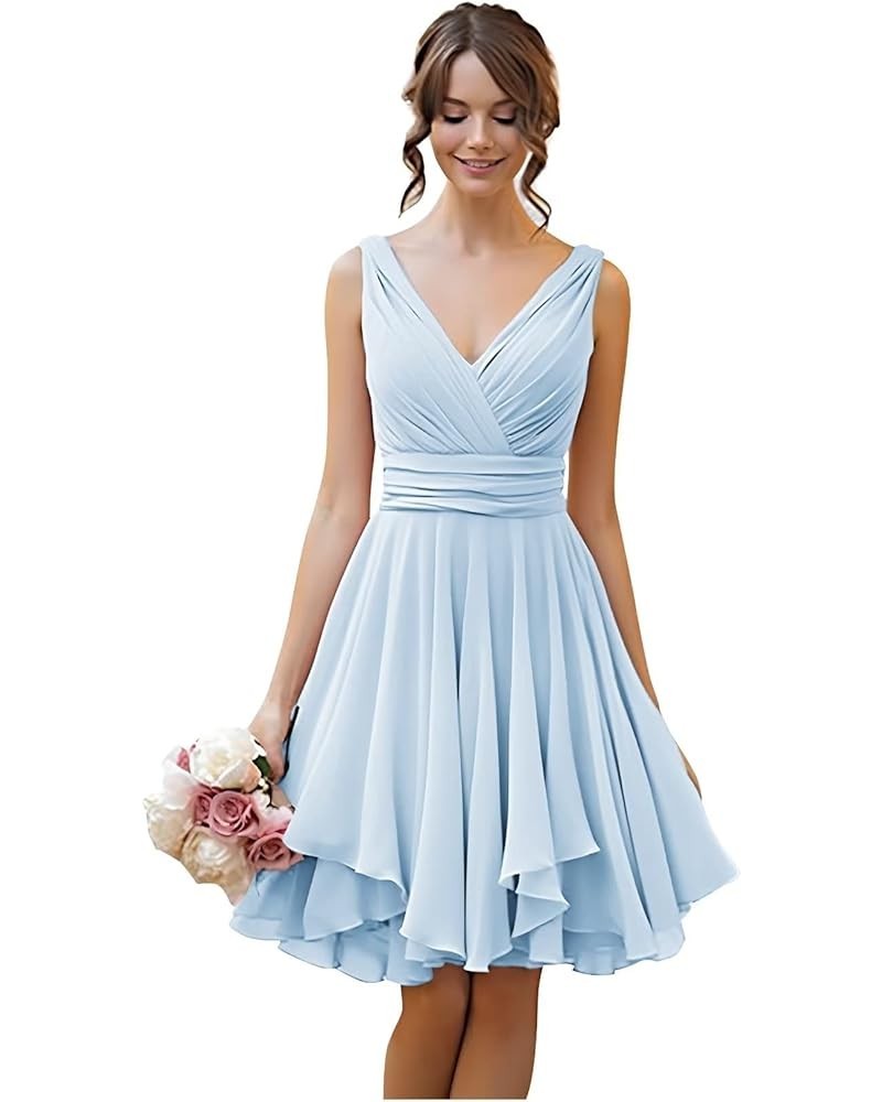 Short Bridesmaid Dresses Chiffon V Neck Cocktail Dresses Pleated for Wedding Light Blue $22.55 Dresses