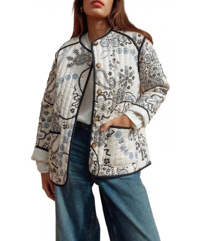 Women Floral Print Cropped Quilted Jacket Cardigan Vintage Open Front Padded Puffler Coat Lightweight Casual Outwear Round Ne...