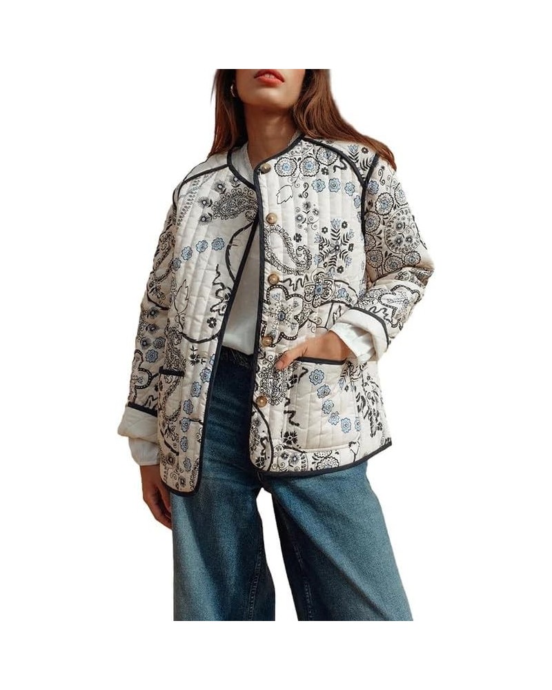 Women Floral Print Cropped Quilted Jacket Cardigan Vintage Open Front Padded Puffler Coat Lightweight Casual Outwear Round Ne...