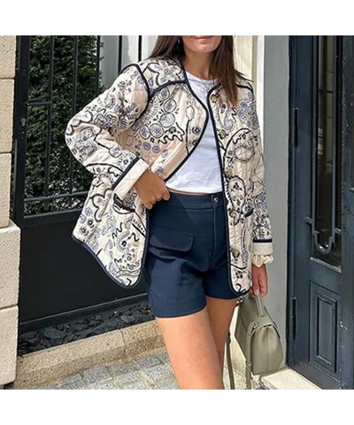 Women Floral Print Cropped Quilted Jacket Cardigan Vintage Open Front Padded Puffler Coat Lightweight Casual Outwear Round Ne...