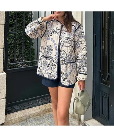 Women Floral Print Cropped Quilted Jacket Cardigan Vintage Open Front Padded Puffler Coat Lightweight Casual Outwear Round Ne...