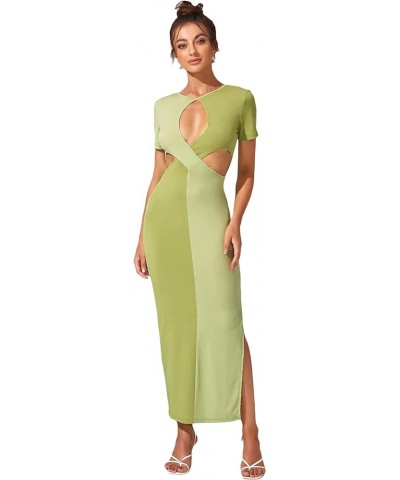 Women's Sexy Cut Out Keyhole Front Dress Split Side Hem Colorblock Short Sleeve Bodycon Casual Maxi Dresses Green $23.30 Dresses