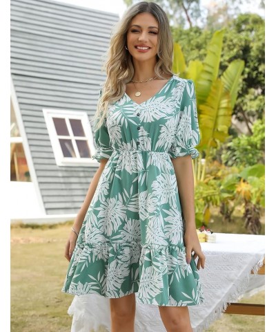 JIAGONG 2023 Women's Summer Dresses Puff Sleeve Floral Ruffle Casual V Neck Elastic High Waist Mini Dresses Green $13.25 Dresses