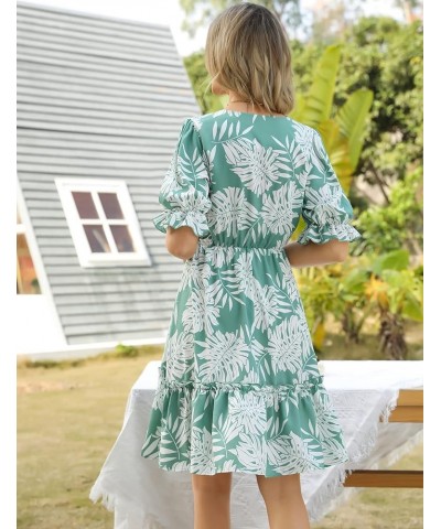 JIAGONG 2023 Women's Summer Dresses Puff Sleeve Floral Ruffle Casual V Neck Elastic High Waist Mini Dresses Green $13.25 Dresses