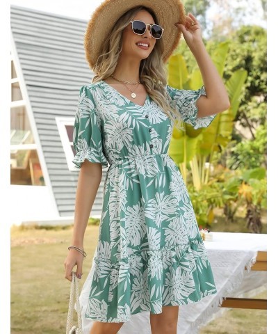 JIAGONG 2023 Women's Summer Dresses Puff Sleeve Floral Ruffle Casual V Neck Elastic High Waist Mini Dresses Green $13.25 Dresses