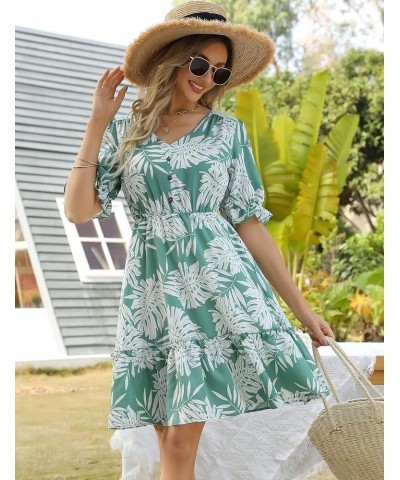 JIAGONG 2023 Women's Summer Dresses Puff Sleeve Floral Ruffle Casual V Neck Elastic High Waist Mini Dresses Green $13.25 Dresses