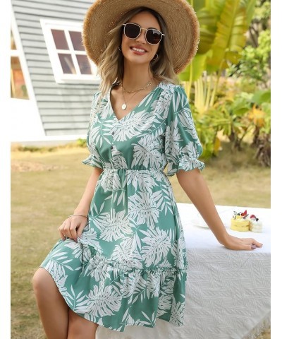 JIAGONG 2023 Women's Summer Dresses Puff Sleeve Floral Ruffle Casual V Neck Elastic High Waist Mini Dresses Green $13.25 Dresses