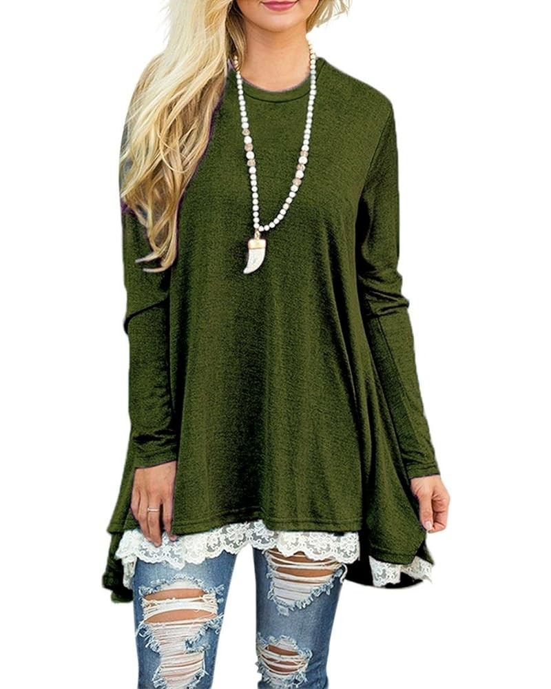 Women's Tops Long Sleeve Lace Scoop Neck A-line Tunic Blouse Armygreen $11.00 Tops