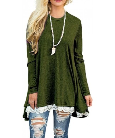 Women's Tops Long Sleeve Lace Scoop Neck A-line Tunic Blouse Armygreen $11.00 Tops